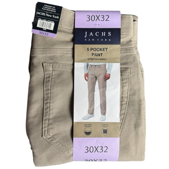 Jachs New York 30X32 Pants Tan Straight Fit 5 Pocket Flex Waistband Chino New - Picture 1 of 9